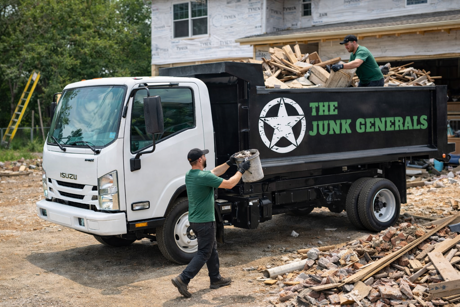 Crew clearing renovation debris on site